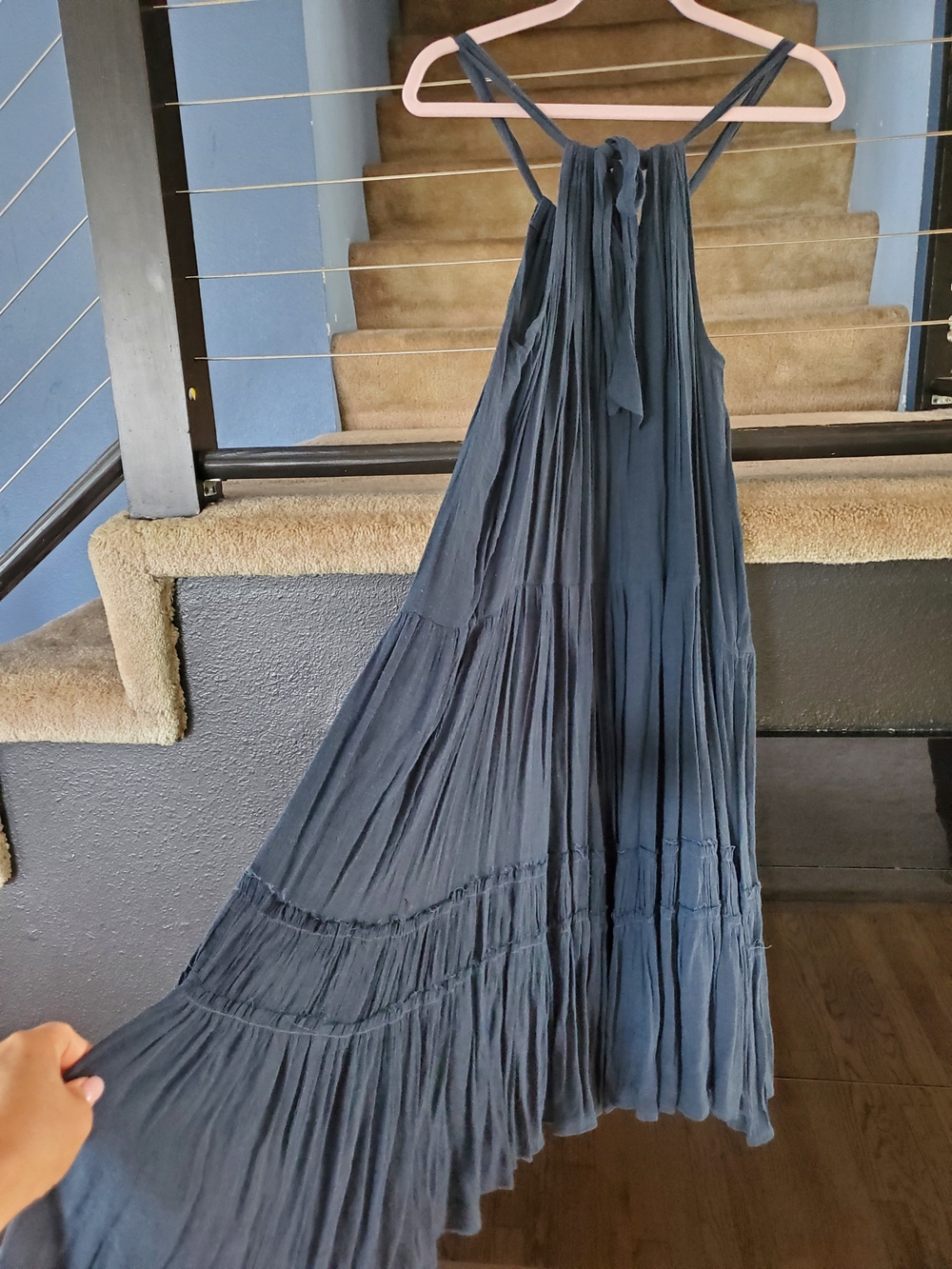 easel Slate Blue Crinkle Tiered Midi Dress - Picture 5 of 7